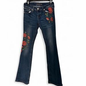 Grace Women's Dark Blue Flare Jeans with Red Rose Embroidery